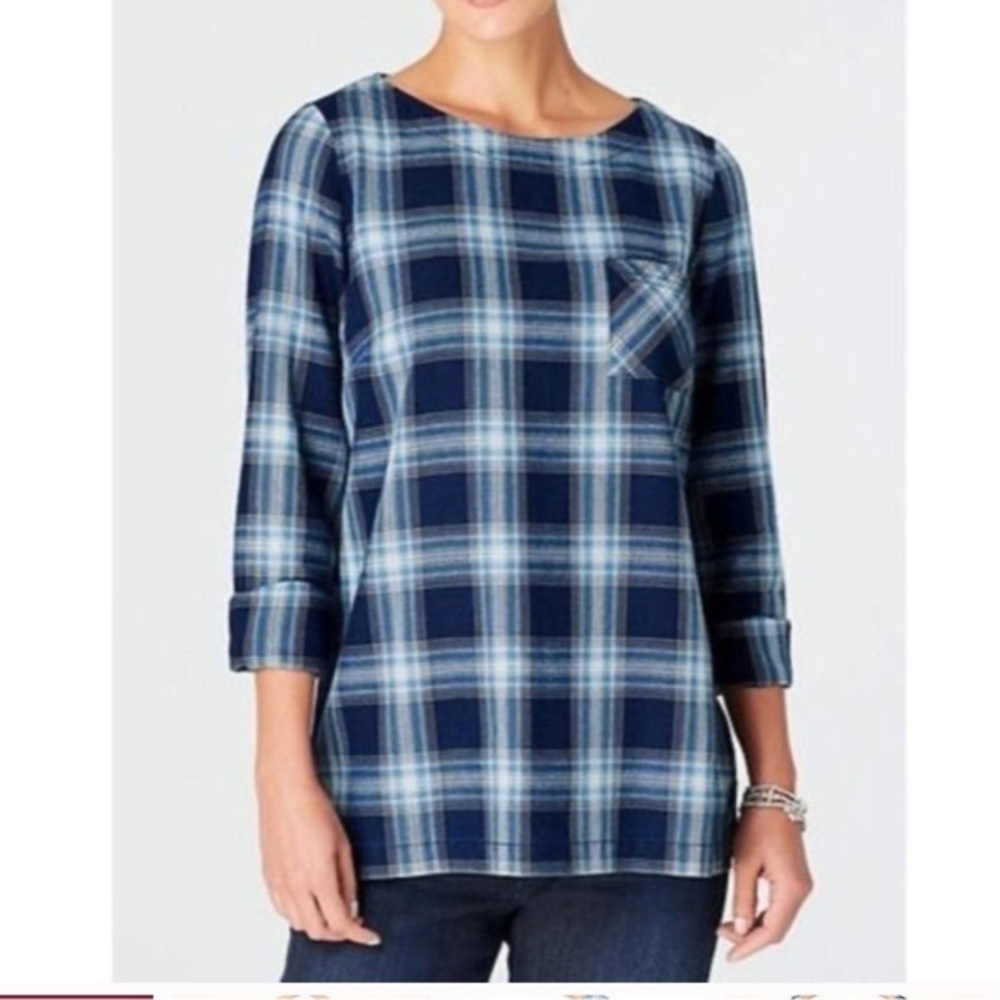J Jill Blue Plaid Rear Button Top Boat Neckline Woven Cotton Chest Pocket-M